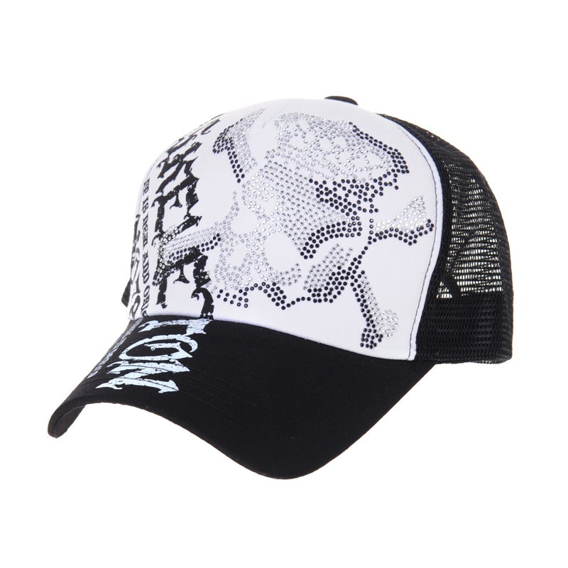 WITHMOONS Meshed Baseball Cap Skull Rhinestones Trucker Hat KR1751 (Black) - Image 1